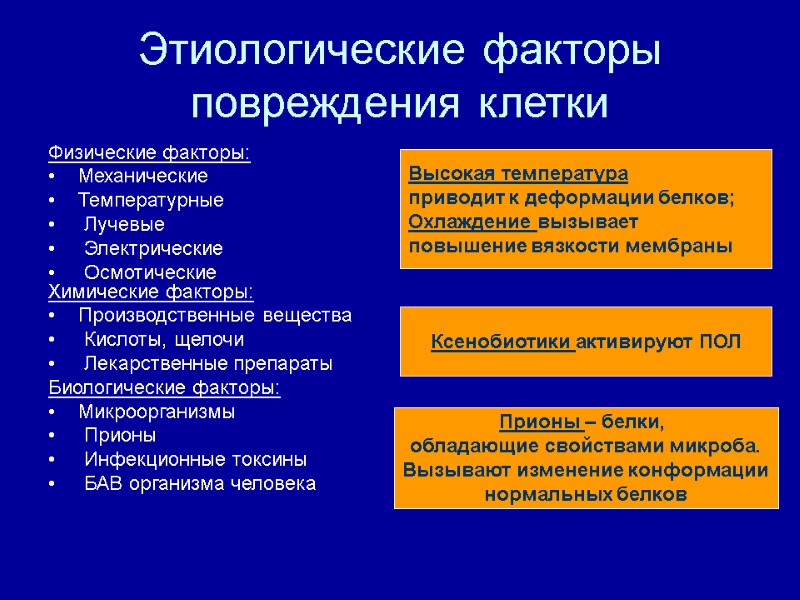 Этиологические факторы повреждения клетки Физические факторы: Механические  Температурные   Лучевые  